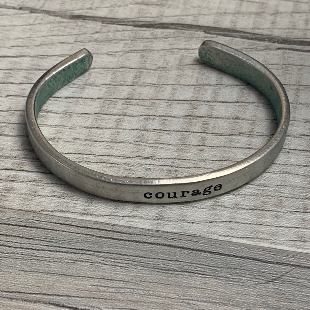 Pewter Courage Stamped Cuff Bracelet Inspirational Minimalist Silver Tone
